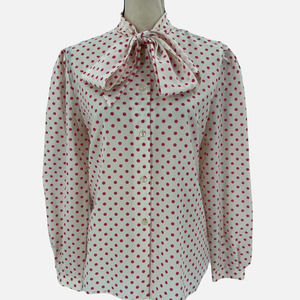 Vintage White Stag Polka Dot Blouse with Neck Tie Size 14
